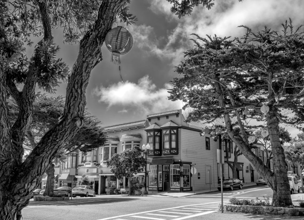Old style building in Pacific Grove, Monterey, California in black white