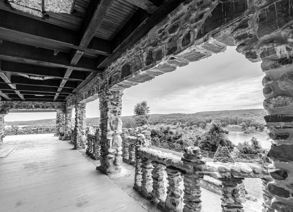 Gillette Castle terrace, Connecticut in black white