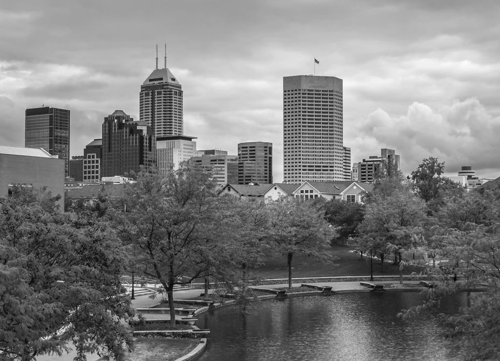 Indianapolis Indiana Skyline Canal in black white