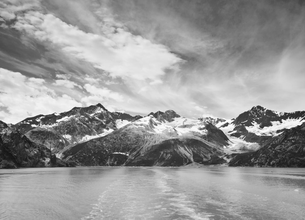 Glacier Bay in Mountains in Alaska in black white