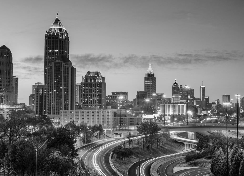 Atlanta, Georgia Skyline at Dawn in black white