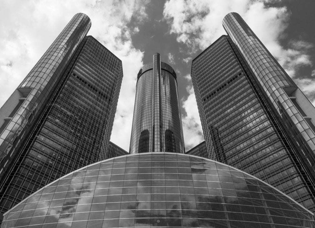The Renaissance Center, Downtown Detroit, Michigan in black white