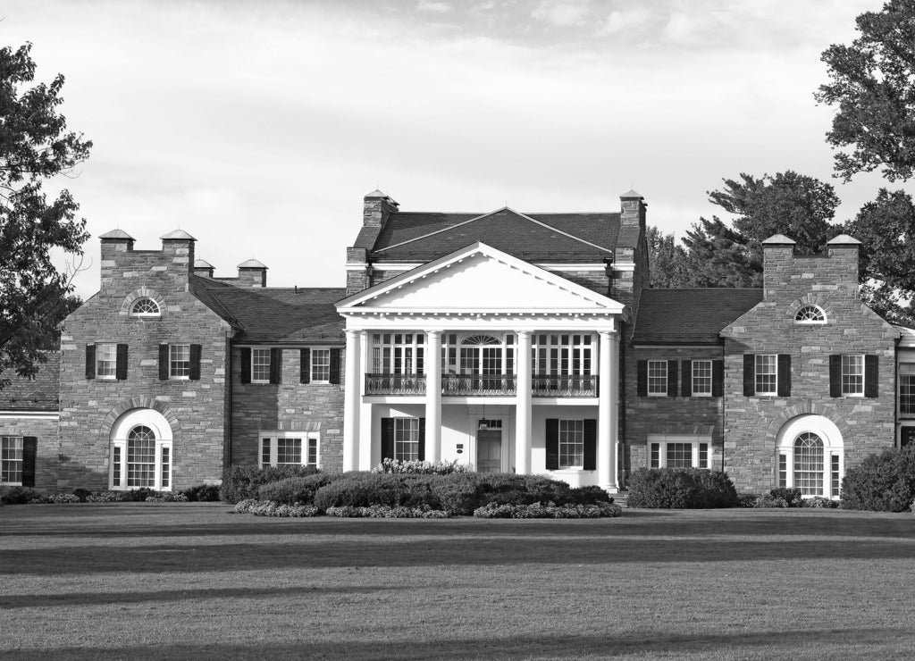 Historic Mansion at Civic Center Park in Rockville, Maryland in black white