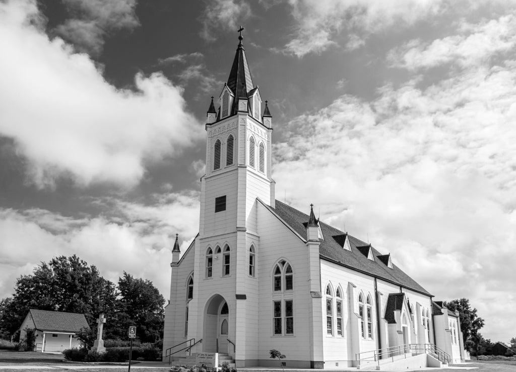 St. John the Baptist Catholic Church in Schulenburg, Texas in black white