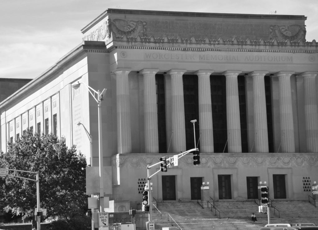 Memorial Auditorium in Worcester, Massachusetts in black white