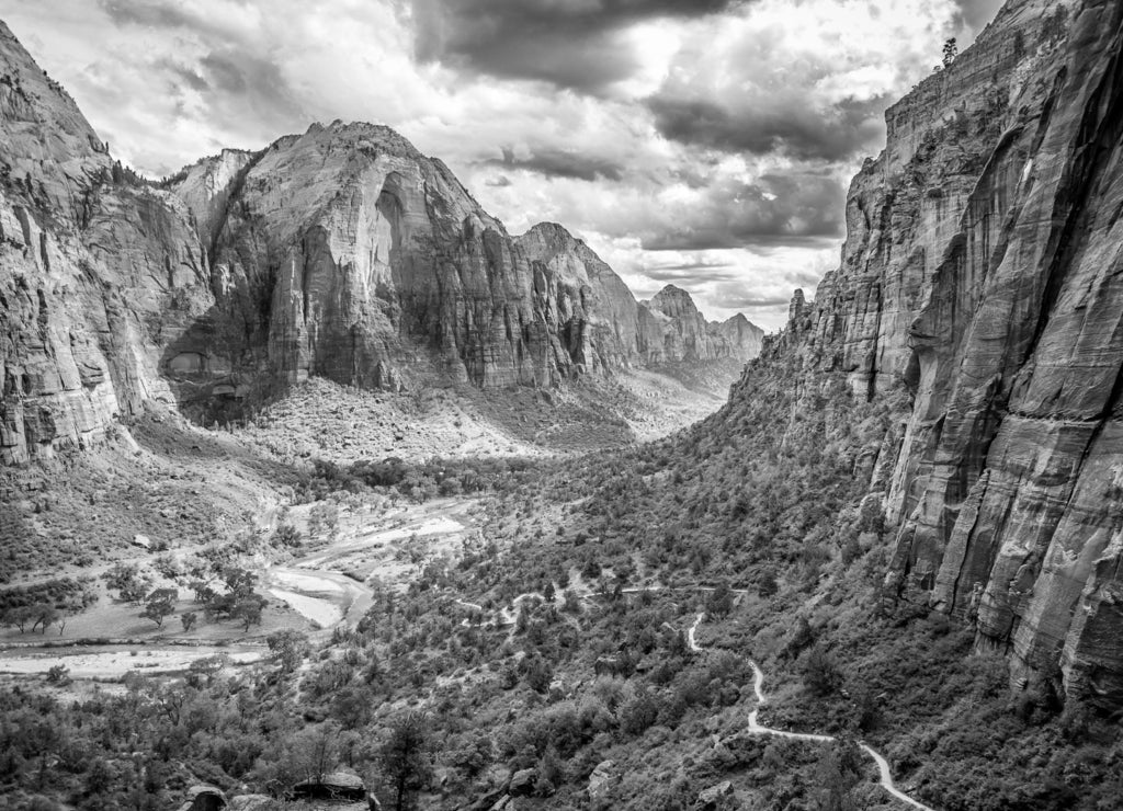 landscape from zion national park utah in black white