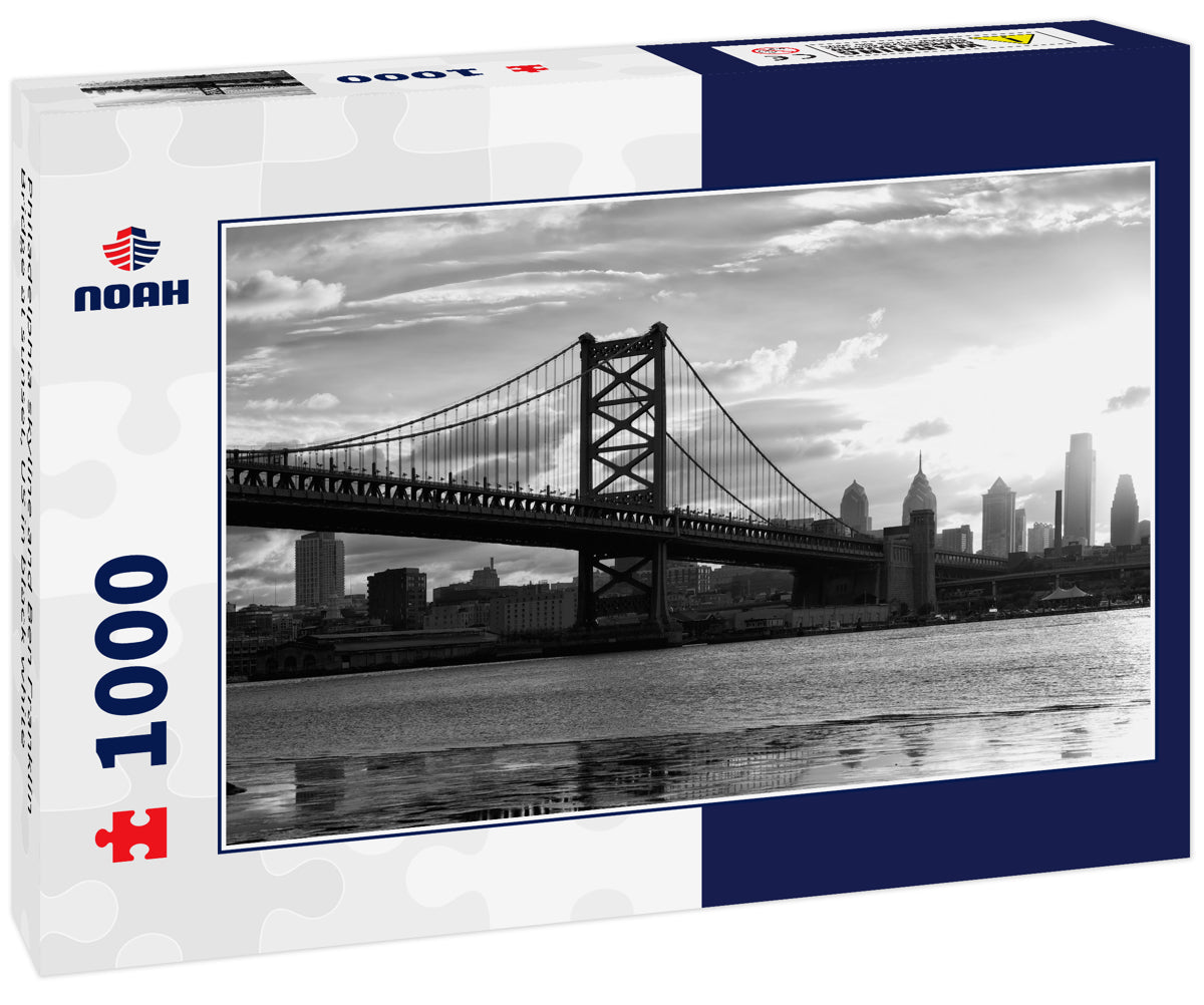 Philadelphia skyline and Ben Franklin Bridge at sunset, US in black white