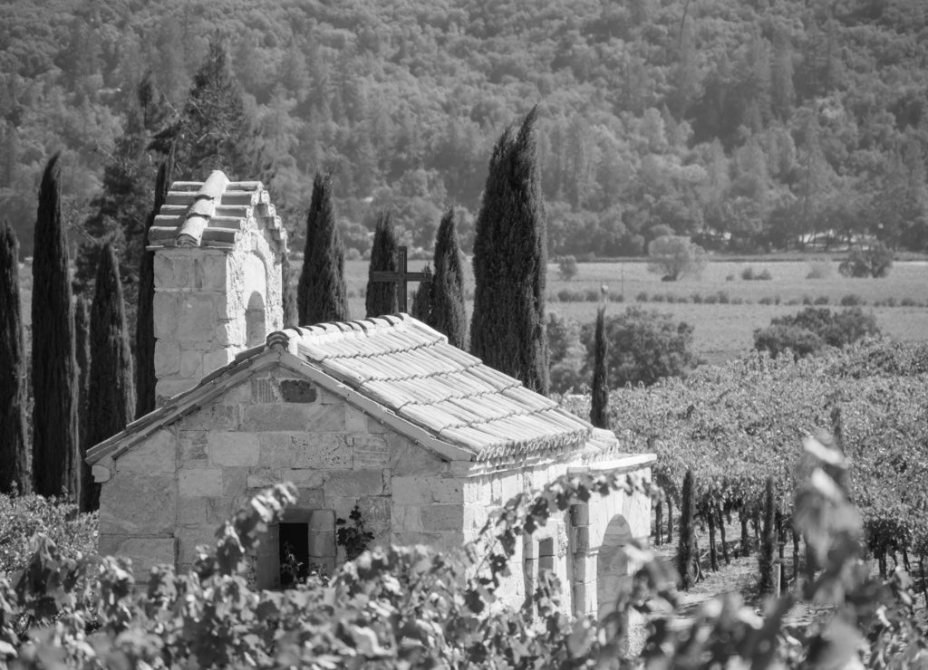 Beautiful chapel in the Napa Valley, California in black white