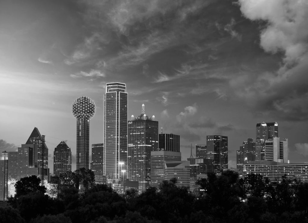 Dallas City skyline at dusk, Texas, USA in black white