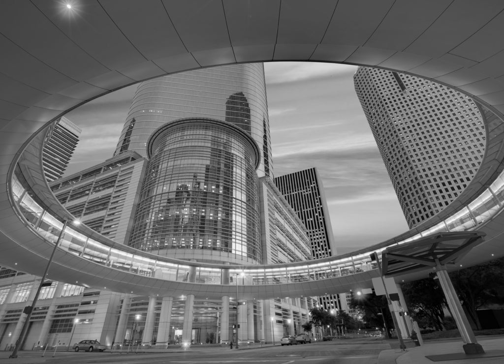 Houston Downtown sunset skyscrapers Texas in black white