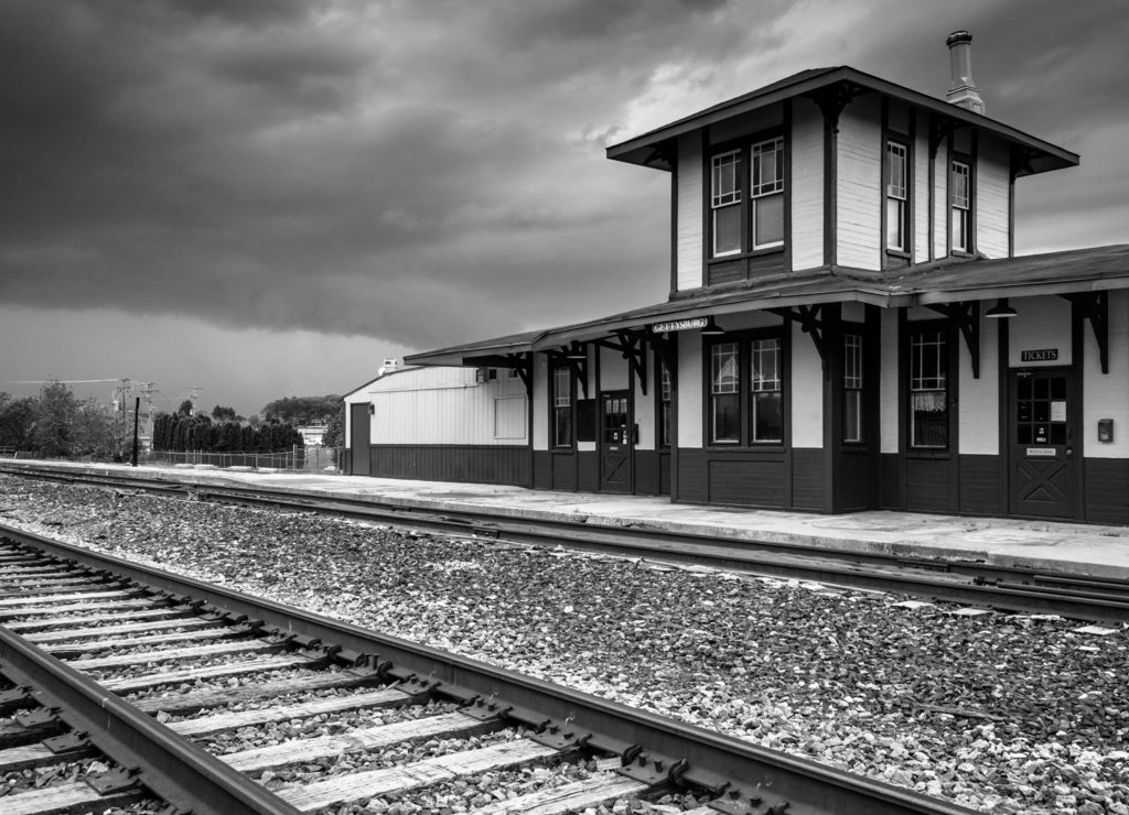The historic train station in Gettysburg, Pennsylvania in black white