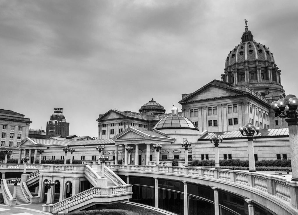 The Pennsylvania State Capitol in Harrisburg, Pennsylvania in black white