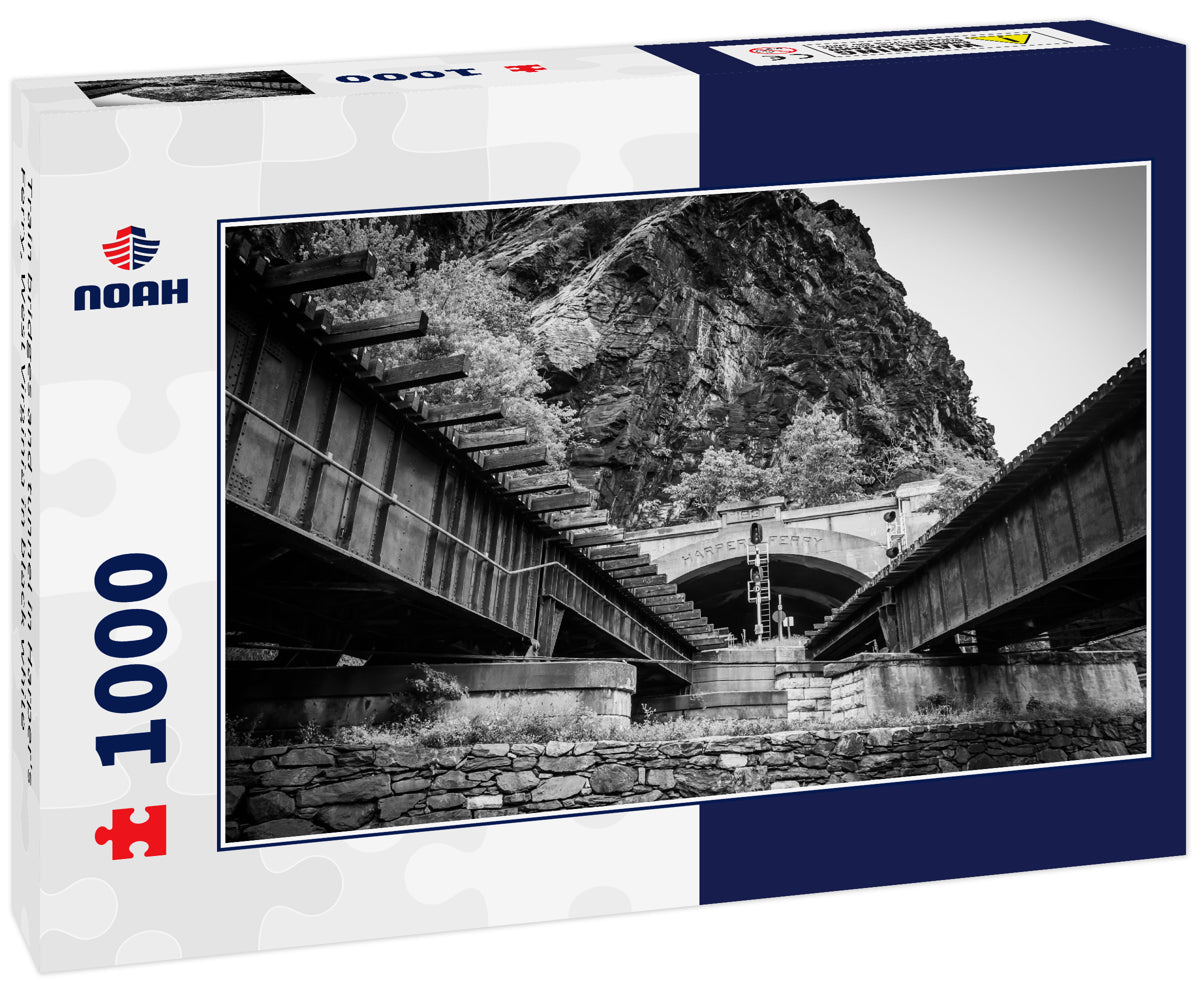 Train bridges and tunnel in Harper's Ferry, West Virginia in black white
