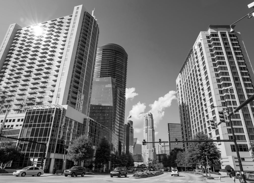 Buckhead, the uptown section of Atlanta, Georgia in black white