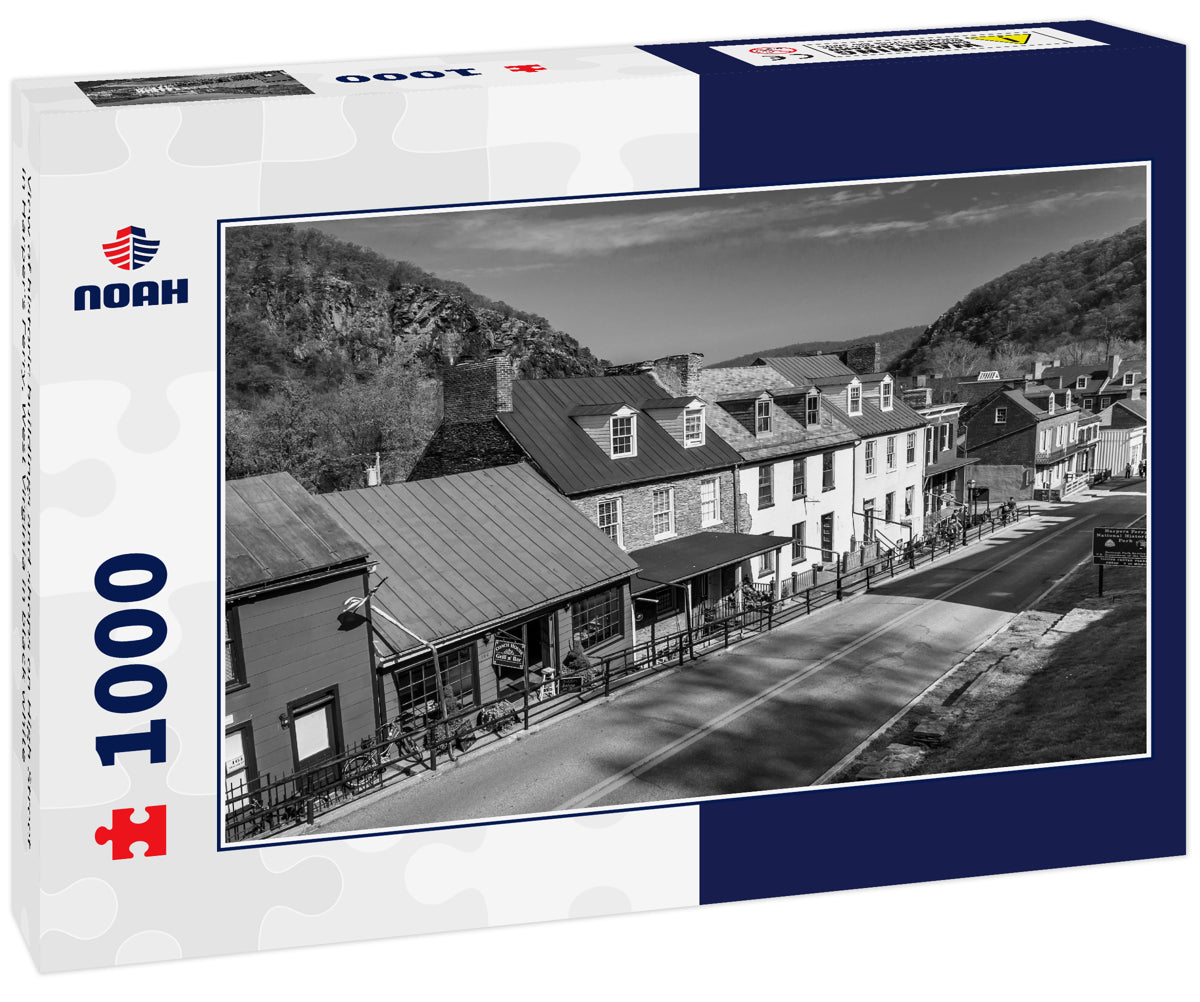 View of historic buildings and shops on High Street in Harper's Ferry, West Virginia in black white