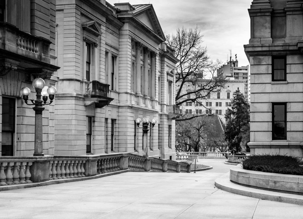 Walkway and buildings at the Capitol Complex in Harrisburg, Pennsylvania in black white