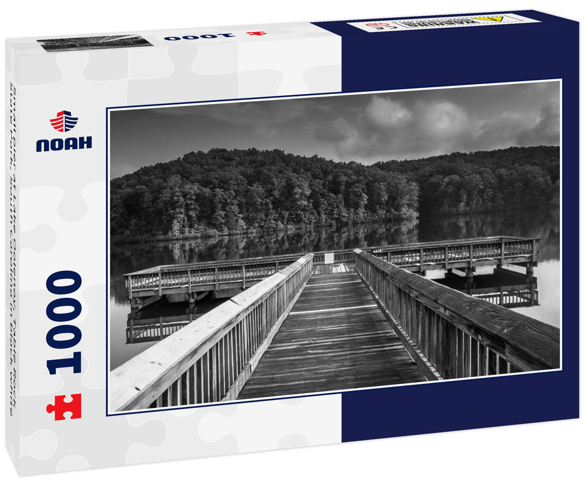 Small pier at Lake Oolenoy, Table Rock State Park, South Carolina in black white