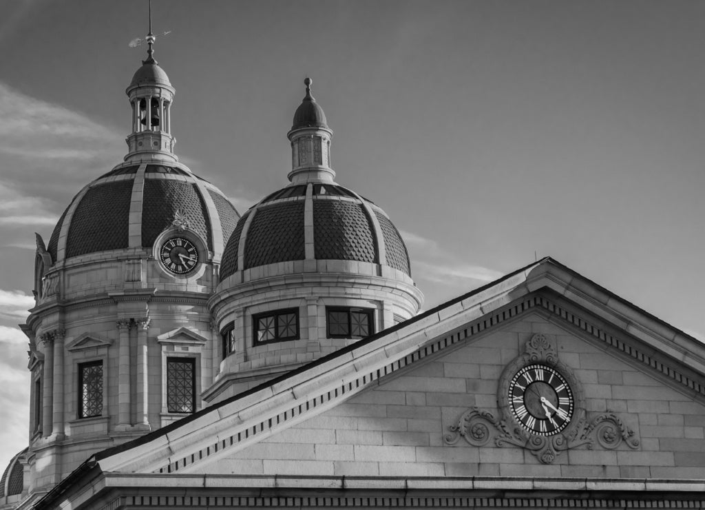 Domes of the York County Courthouse in downtown York, Pennsylvania in black white