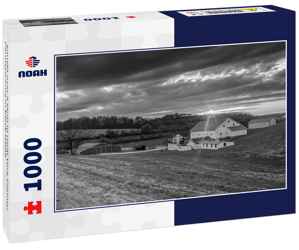 Sunset over a farm in rural York County, Pennsylvania in black white