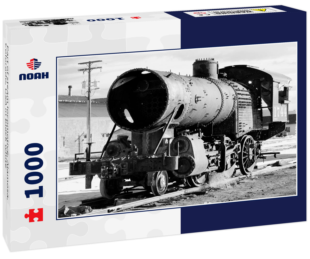 Part of steam locomotive, Alamosa, Colorado, USA in black white