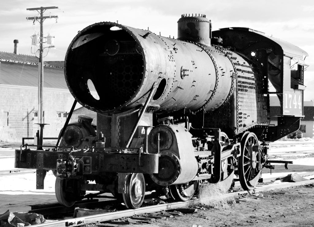 Part of steam locomotive, Alamosa, Colorado, USA in black white