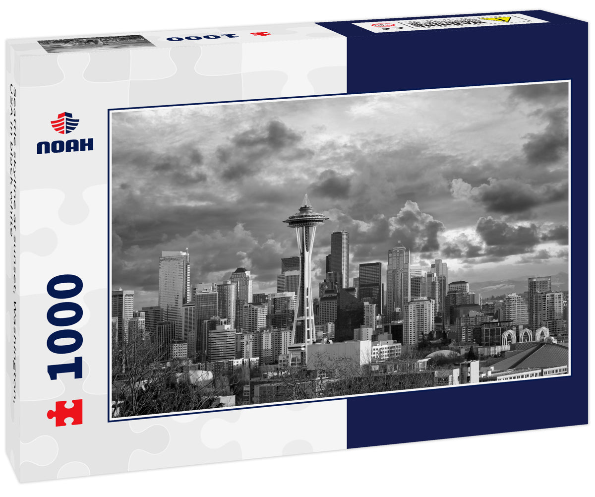 Seattle skyline at sunset, Washington, USA in black white