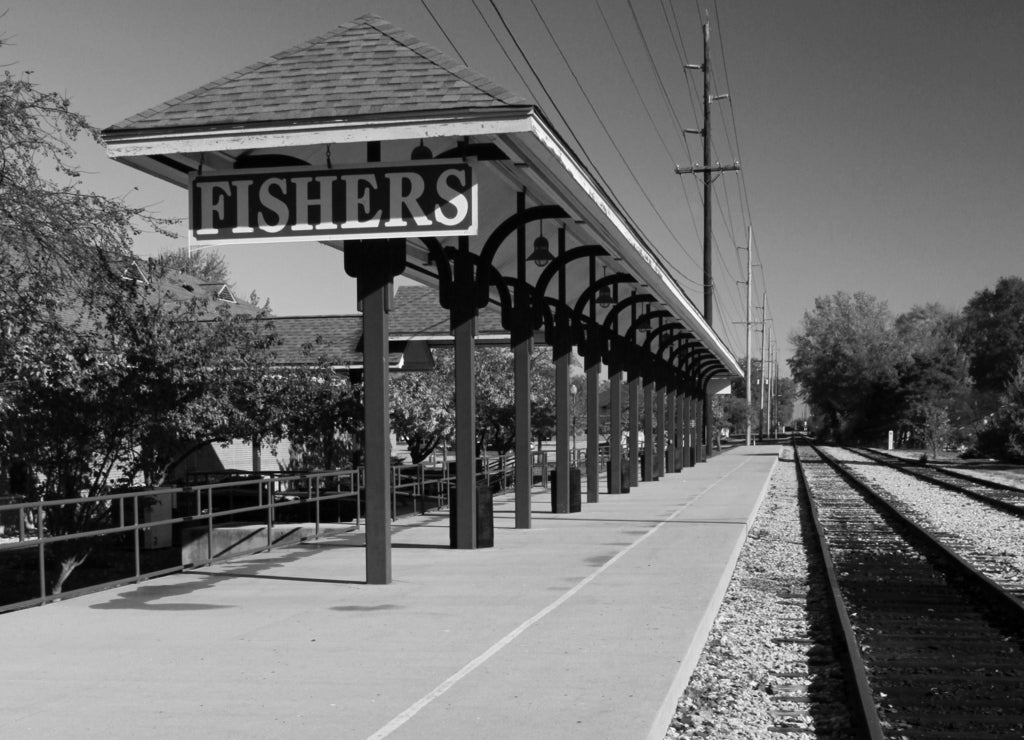 Fishers, Indiana train station in black white