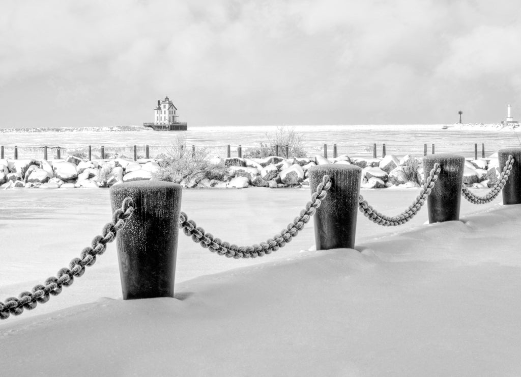 Lorain Lighthouse in Winter, Ohio in black white