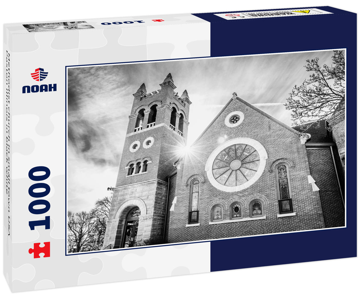 Methodist church in small town USA Paxton Illinois in black white