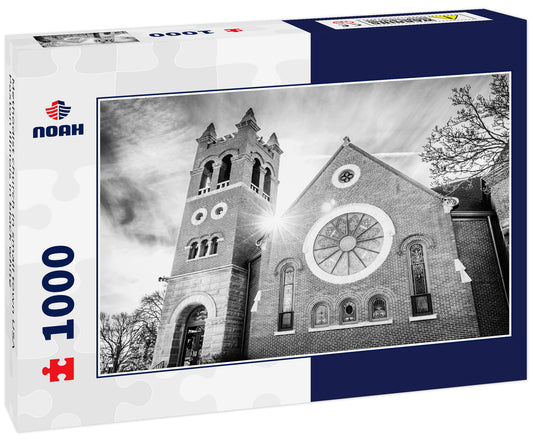 Methodist church in small town USA Paxton Illinois in black white