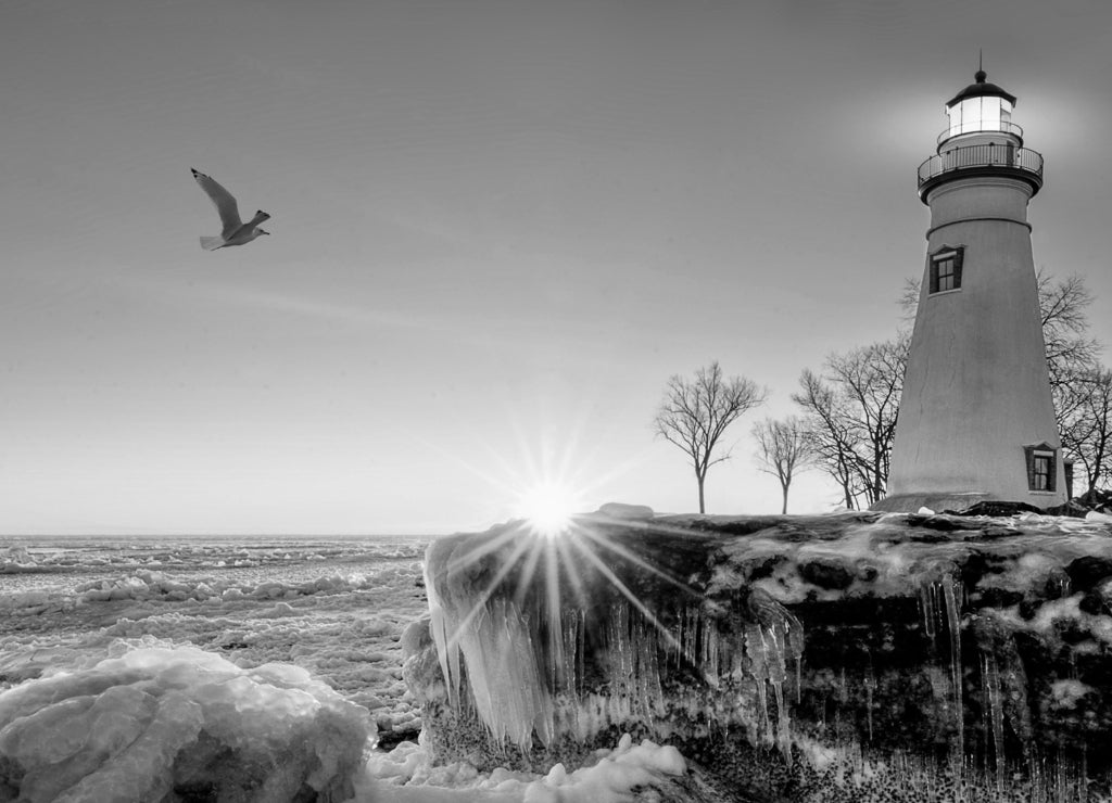 Marblehead Lighthouse Winter Sunrise, Ohio in black white