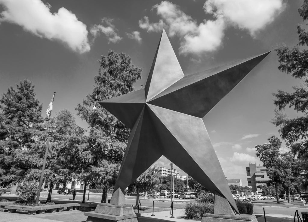 Texas Star in front of the Bob Bullock Texas State History Museu in black white