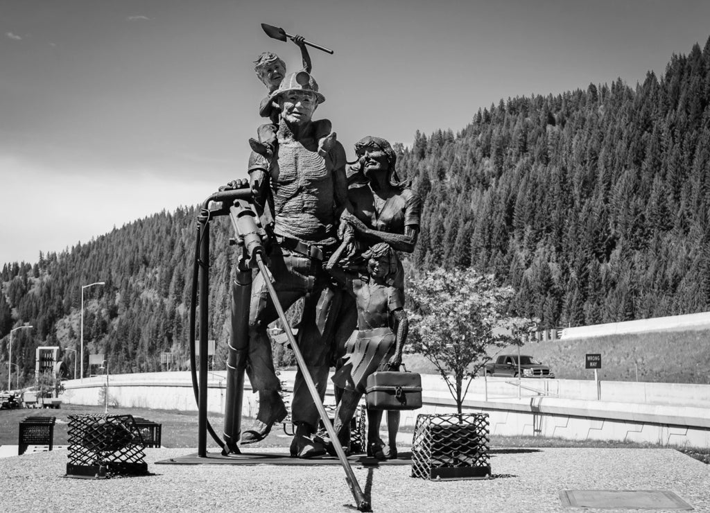 sculpture of Miners family, Wallace, Idaho state, USA in black white
