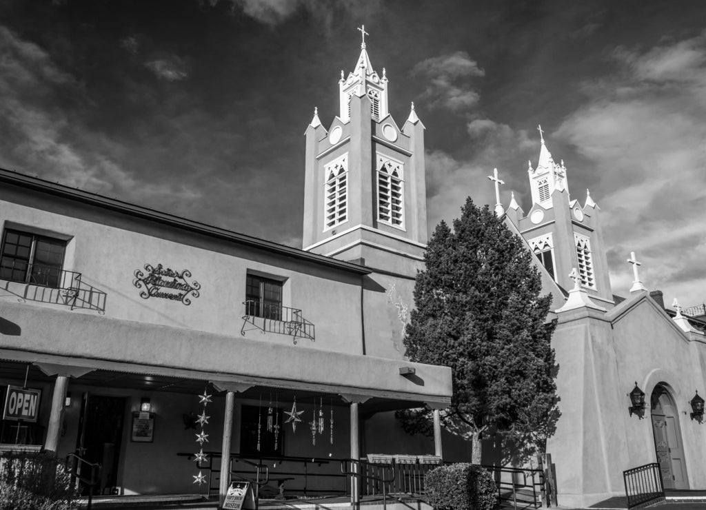 Evening light on San Felipe Neri Church, in Old Town, Albuquerque, New Mexico in black white