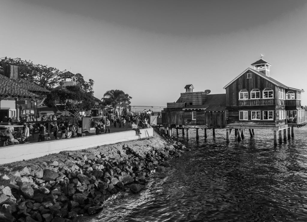 Evening light at Seaport Village, in San Diego, California in black white