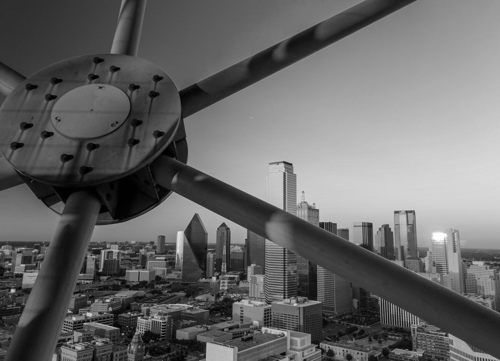 Dallas, Texas cityscape with blue sky at sunset in black white