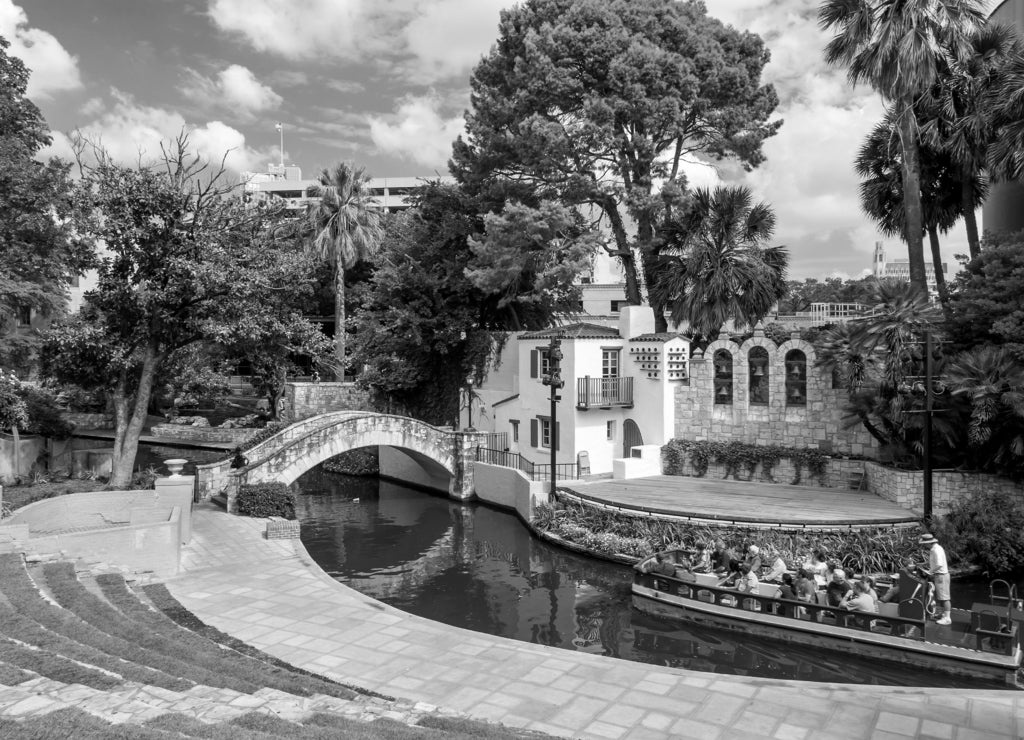 River Walk in San Antonio Texas in black white