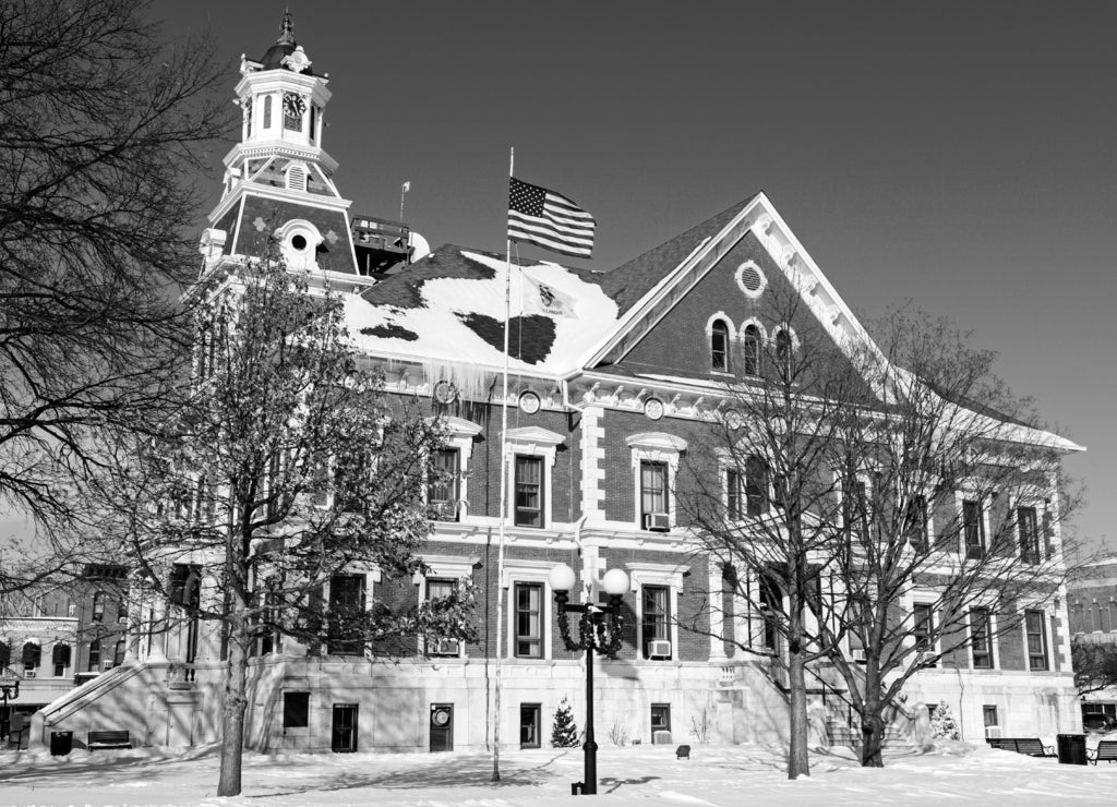 Old courthouse in Macomb, Illinois in black white