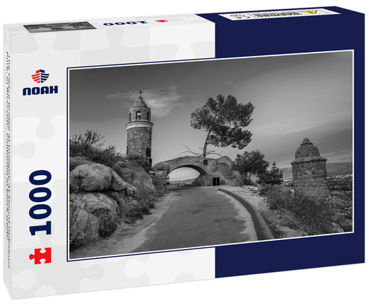 The Peace Bridge at twilight, at Mount Rubidoux Park, in Riverside, California in black white