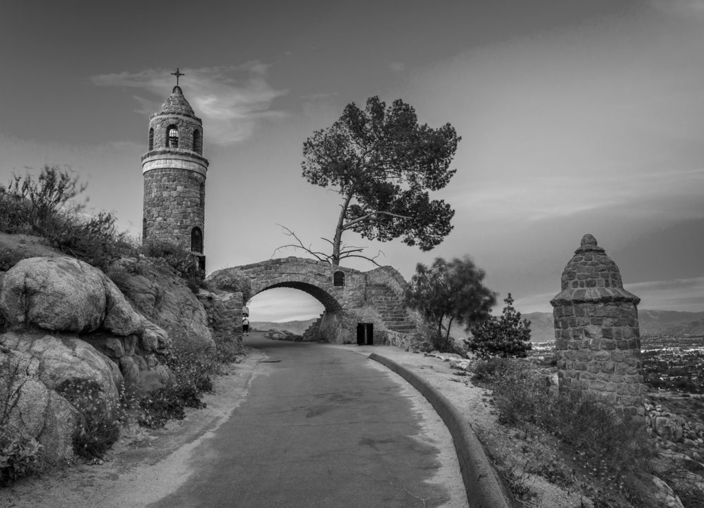 The Peace Bridge at twilight, at Mount Rubidoux Park, in Riverside, California in black white