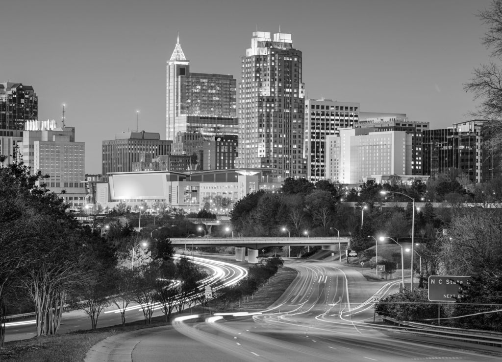 Raleigh, North Carolina, USA Skyline in black white