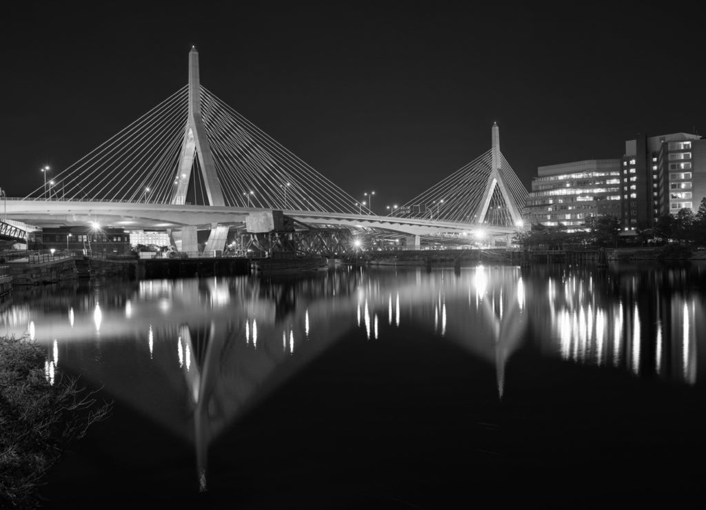 Boston Zakim bridge sunset in Massachusetts in black white