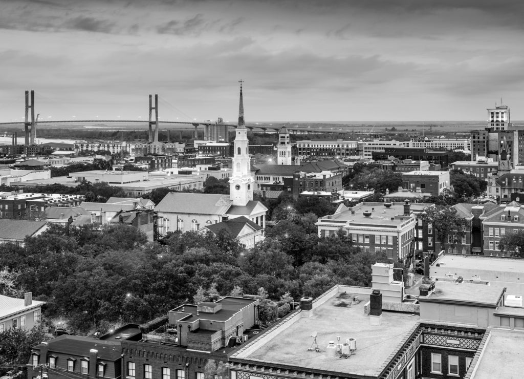 Savannah, Georgia, USA Historic Downtown in black white