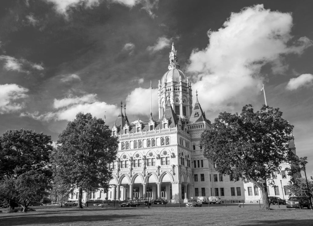 Connecticut State Capitol in Hartford, Connecticut in black white