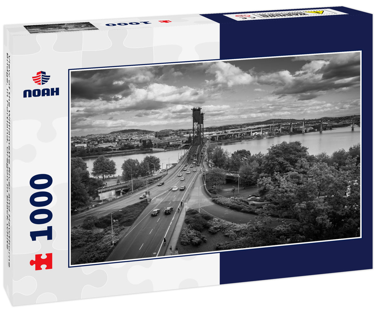 View of the Williamette River and Hawthorne Bridge, in Portland, Oregon in black white