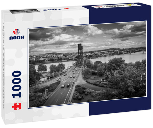 View of the Williamette River and Hawthorne Bridge, in Portland, Oregon in black white