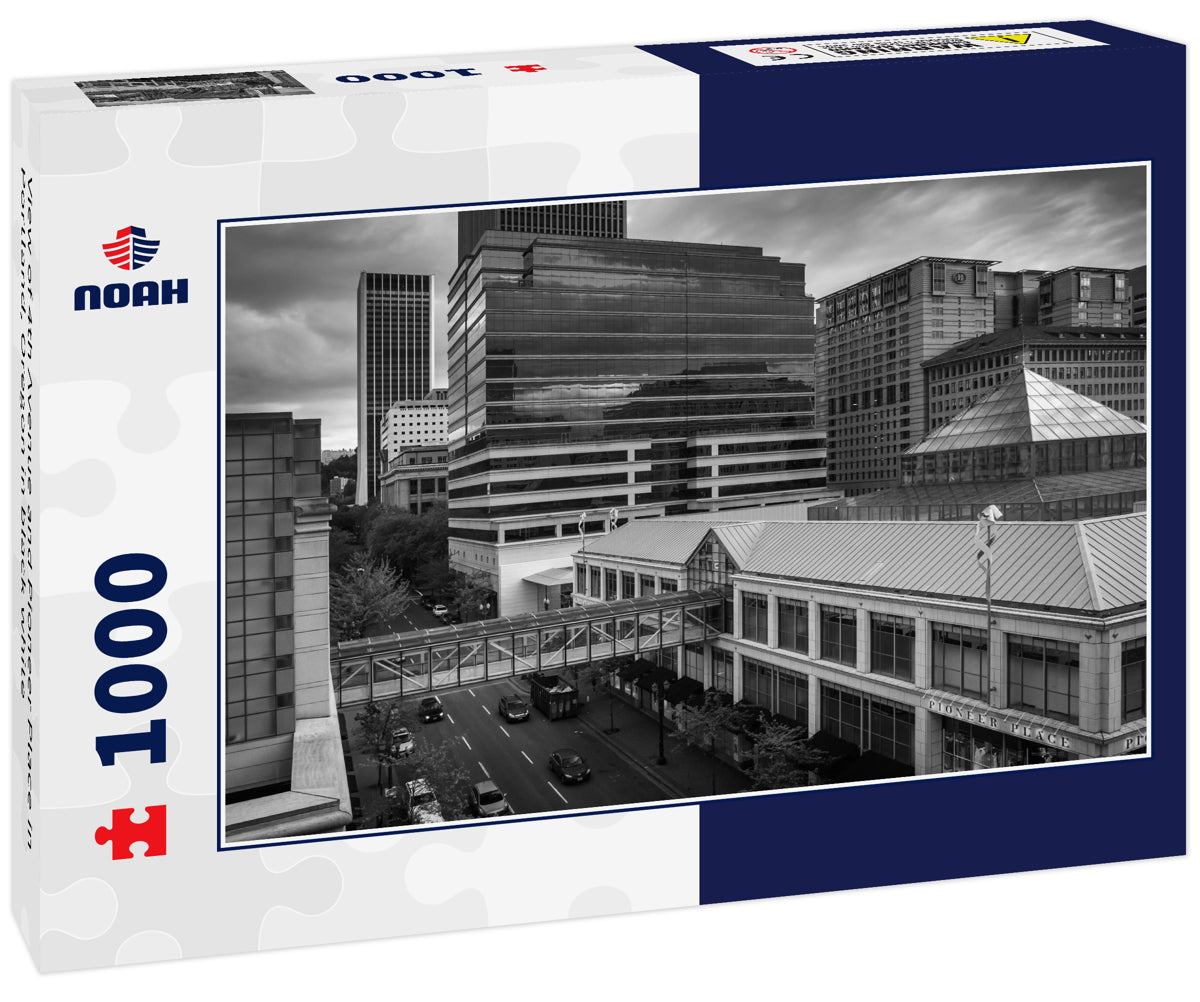 View of 4th Avenue and Pioneer Place in Portland, Oregon in black white