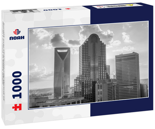 Sunset over charlotte city skyline of North Carolina in black white