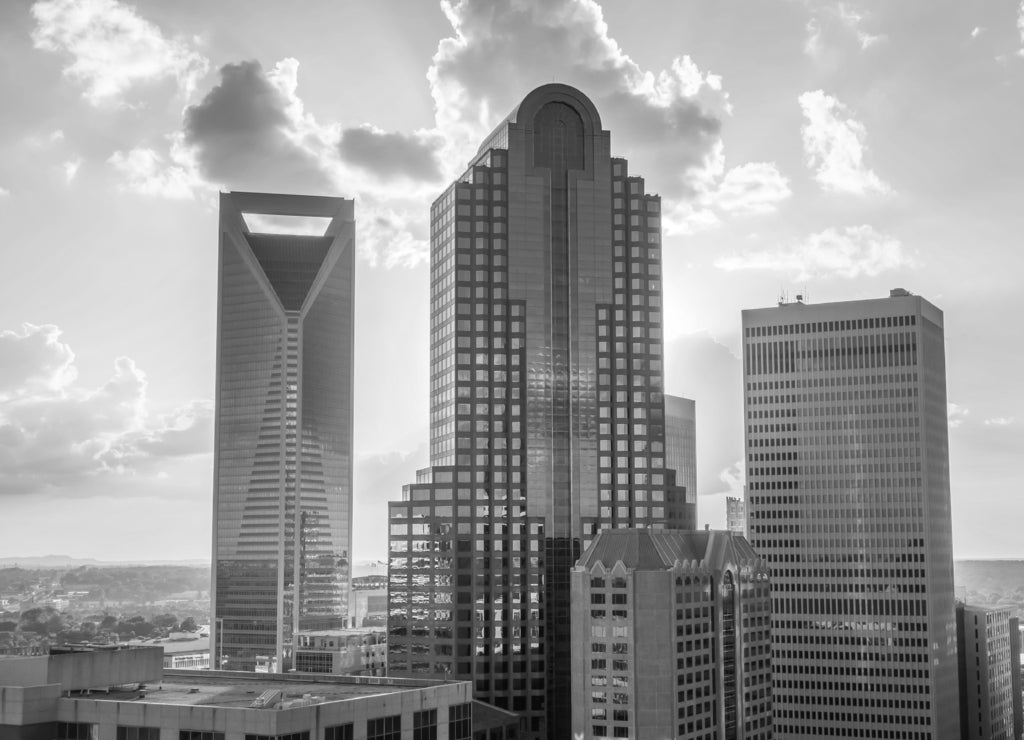 Sunset over charlotte city skyline of North Carolina in black white