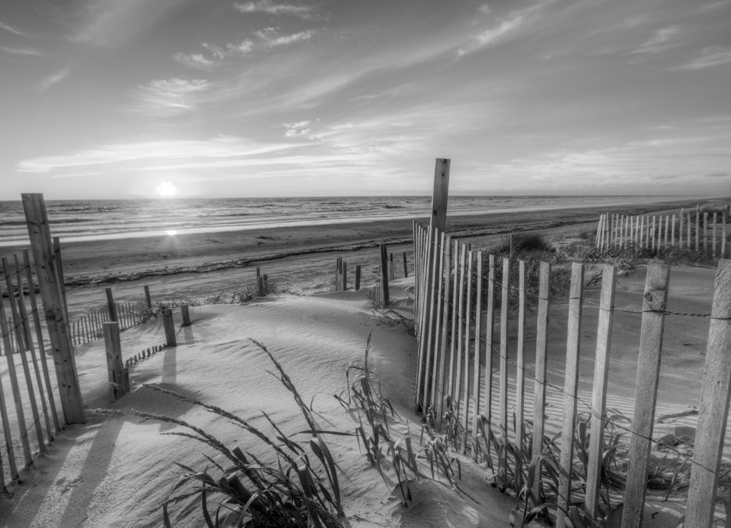 Sunrise as seen from the sand dunes at the Outer Banks, North Carolina around Corolla Beach in September, 2014 in black white